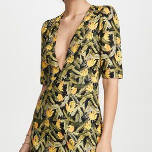 Farm Rio Linen Mini Dress Dark Tropical Print Banana Deep V-Neck